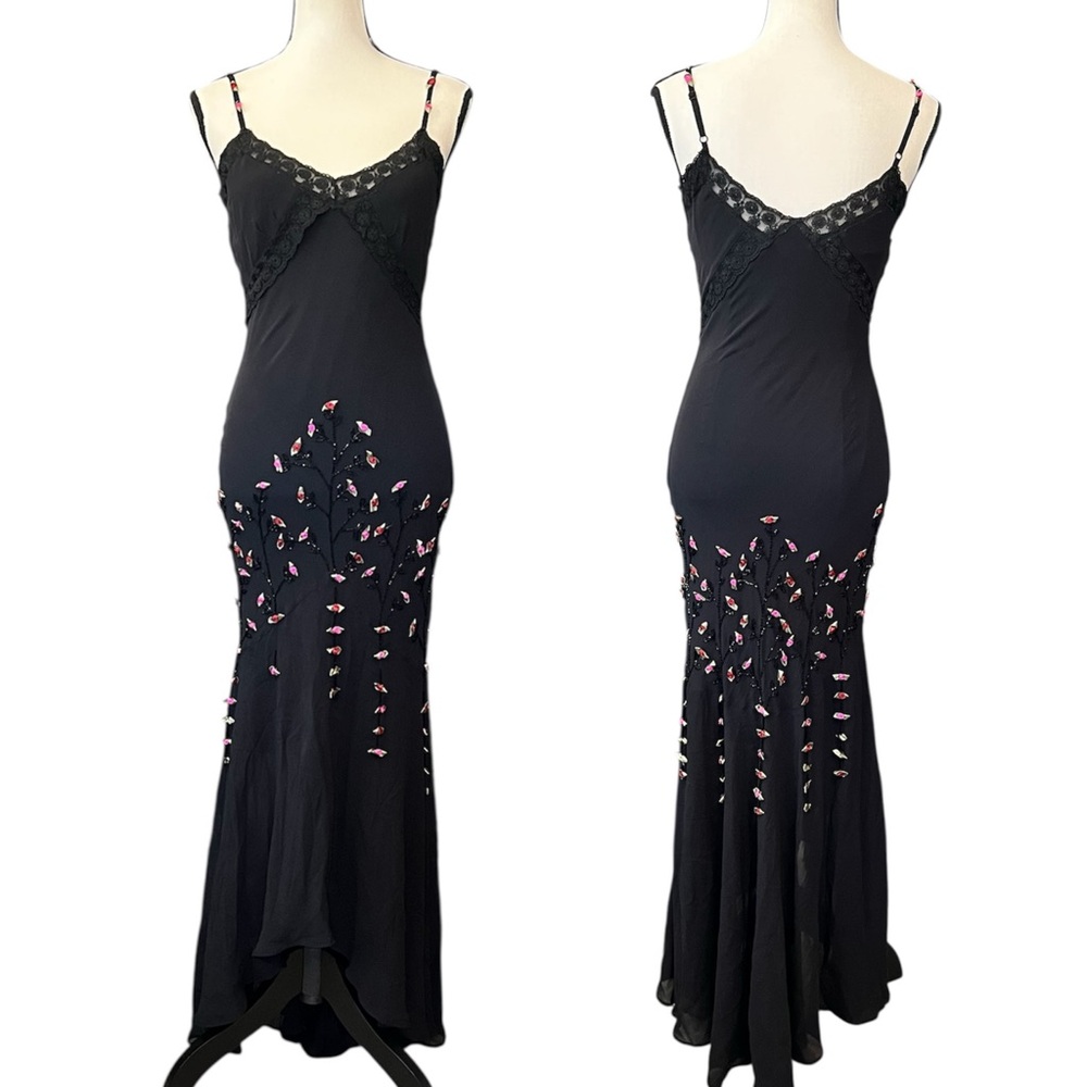 Vintage Sue Wong Silk Sheer Mesh Lace Beaded Floral Maxi Slip Dress